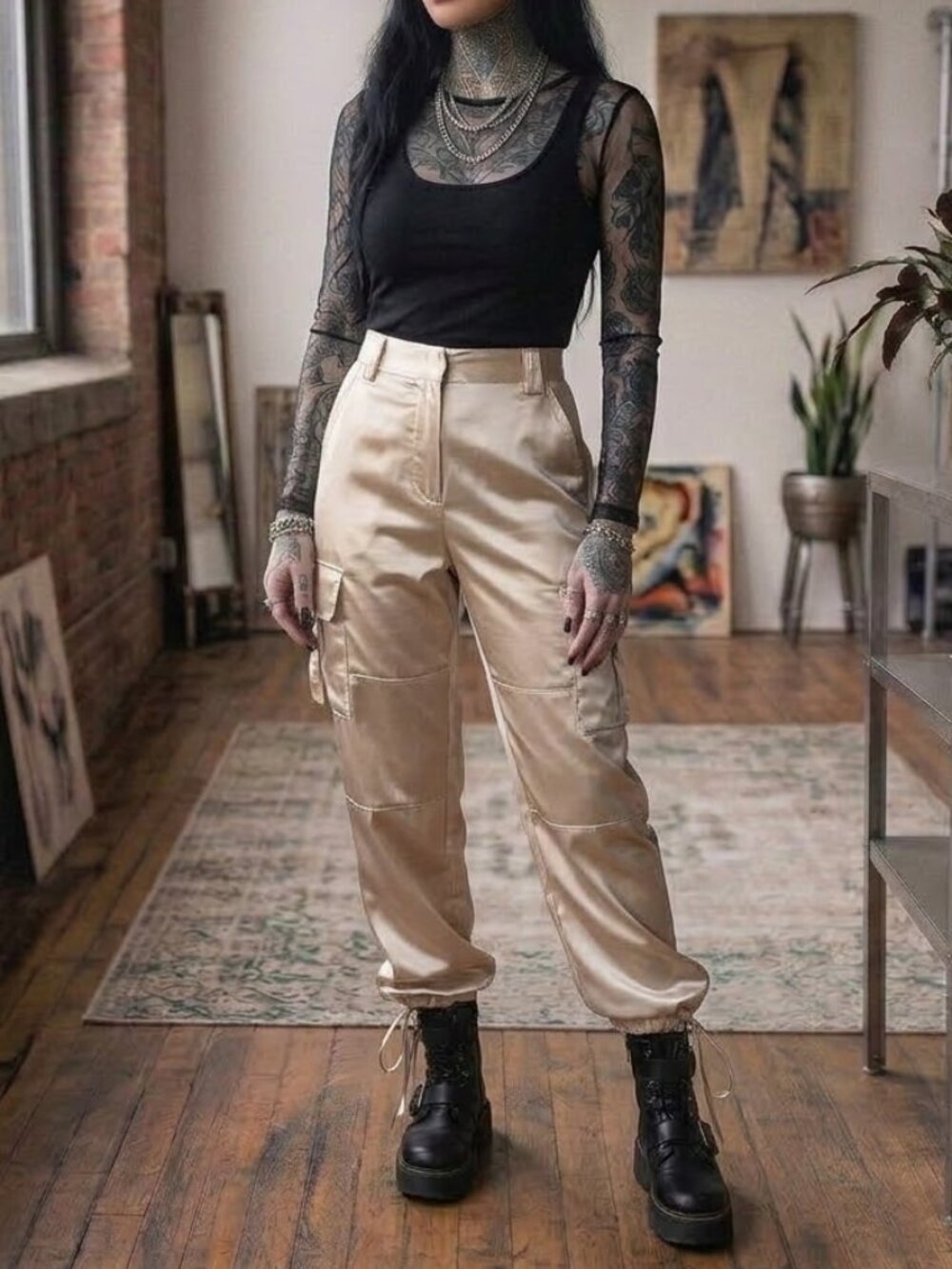 IDG Silver Metallic Cargo Pants Size 6P Y2K 2000s Gray Satin Drawstring Petite
